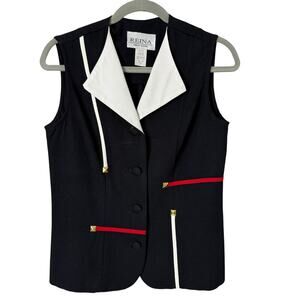 Reina New York Vintage 80s Colorblock Button-Front Top Vest Black White Red,‎ 6P
